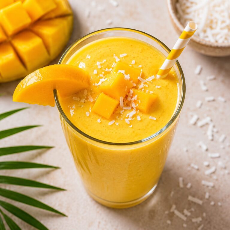 Creamy tropical mango smoothie in a tall glass with fresh mango chunks on the rim and a paper straw