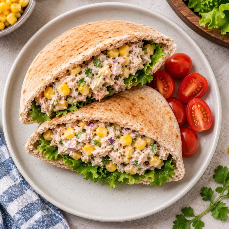 Tuna and corn pita pockets cut in half showing creamy filling with lettuce and cherry tomatoes on the side