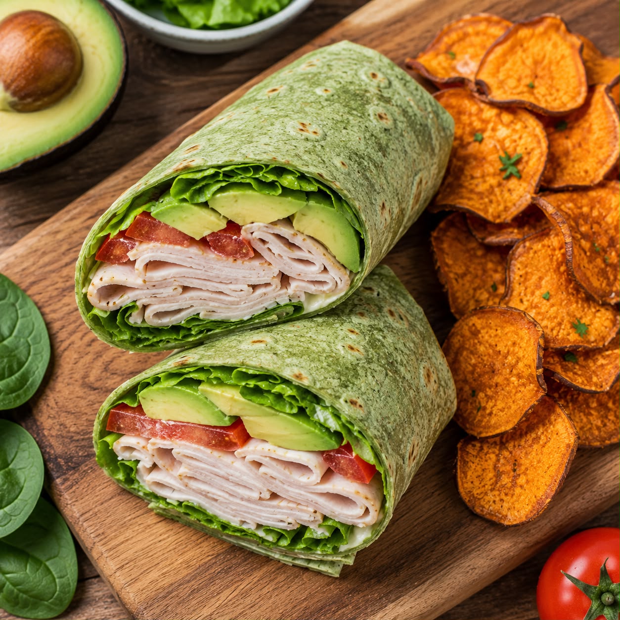 Turkey and avocado wrap sliced open showing layers of turkey, avocado, lettuce, and tomato in a spinach tortilla