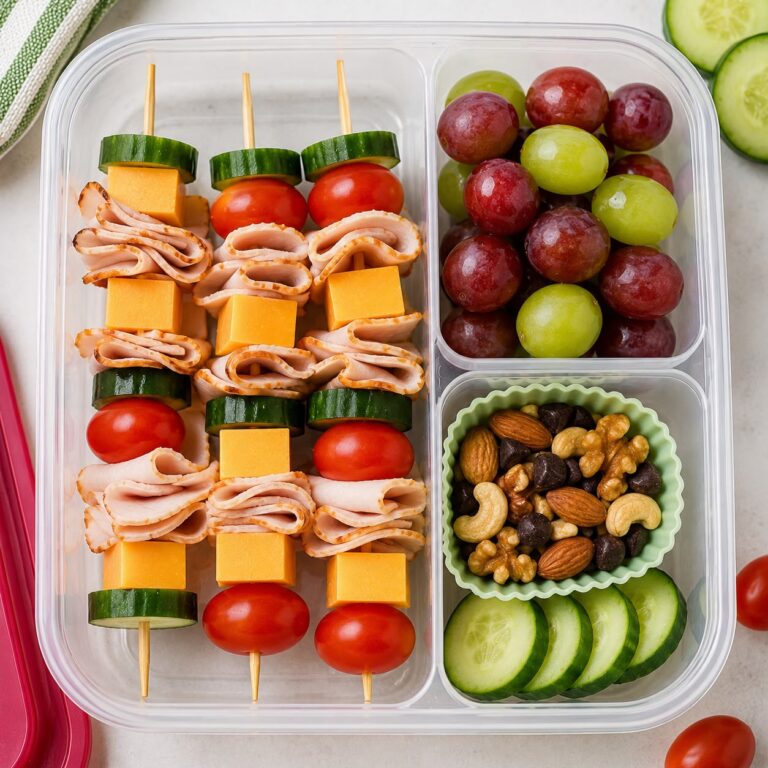 Turkey and cheese kabobs on wooden skewers with folded turkey, cheddar cubes, cherry tomatoes, and cucumber
