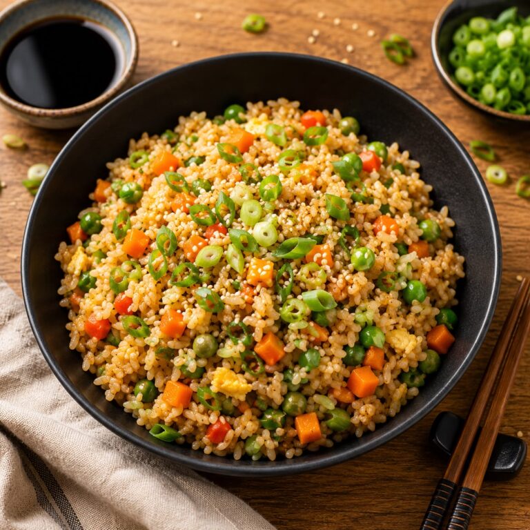 Vegetable egg fried rice in a black bowl with peas, carrots, scallions, and soy sauce on the side