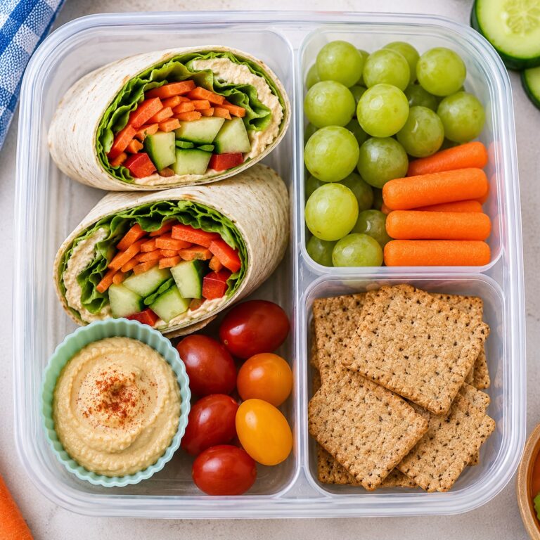 Veggie and hummus wrap sliced open showing hummus spread, lettuce, carrot, cucumber, and bell pepper