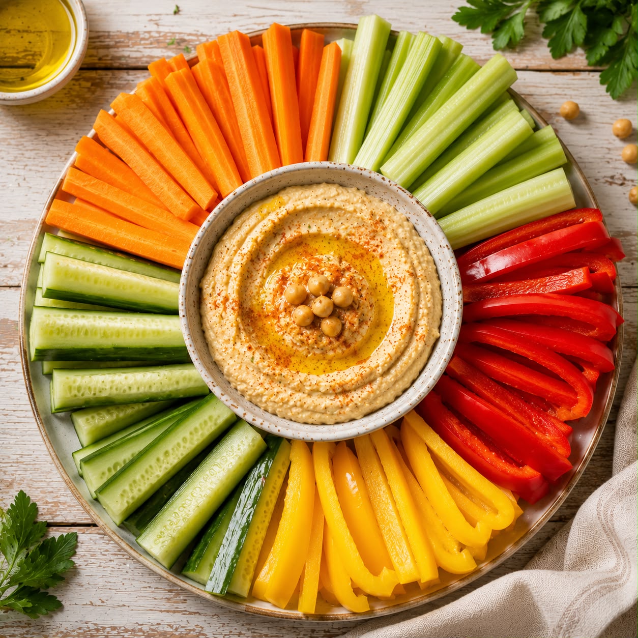 Colourful veggie sticks with hummus: carrot, celery, cucumber, and bell pepper strips around a bowl of creamy hummus