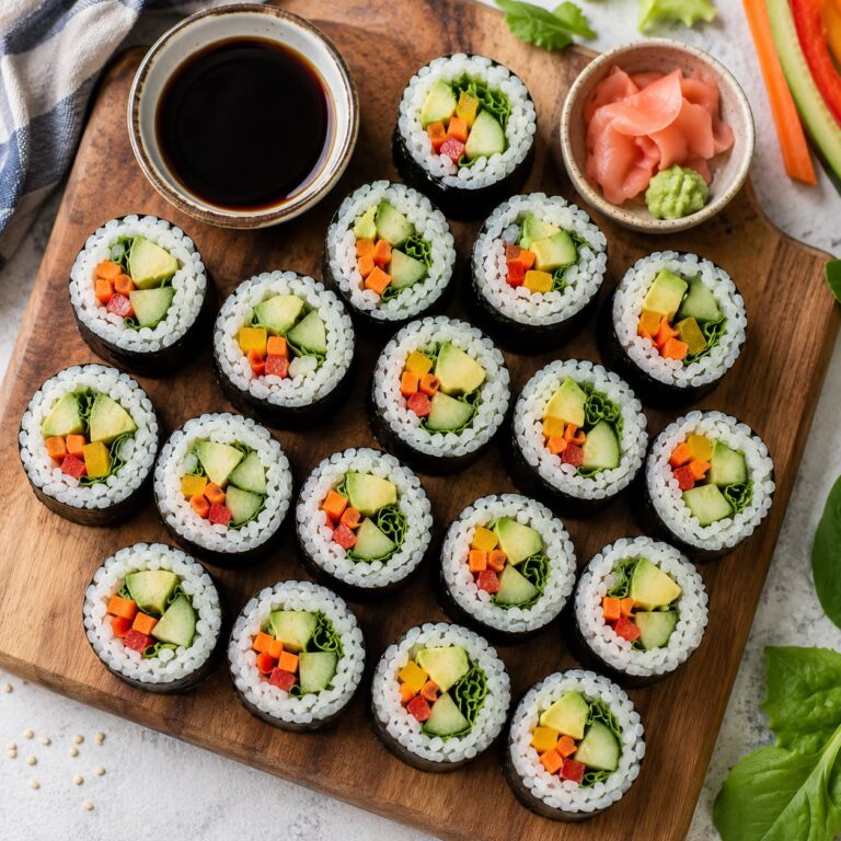 Veggie sushi rolls on a wooden board filled with cucumber, avocado, carrot, and bell pepper with soy sauce