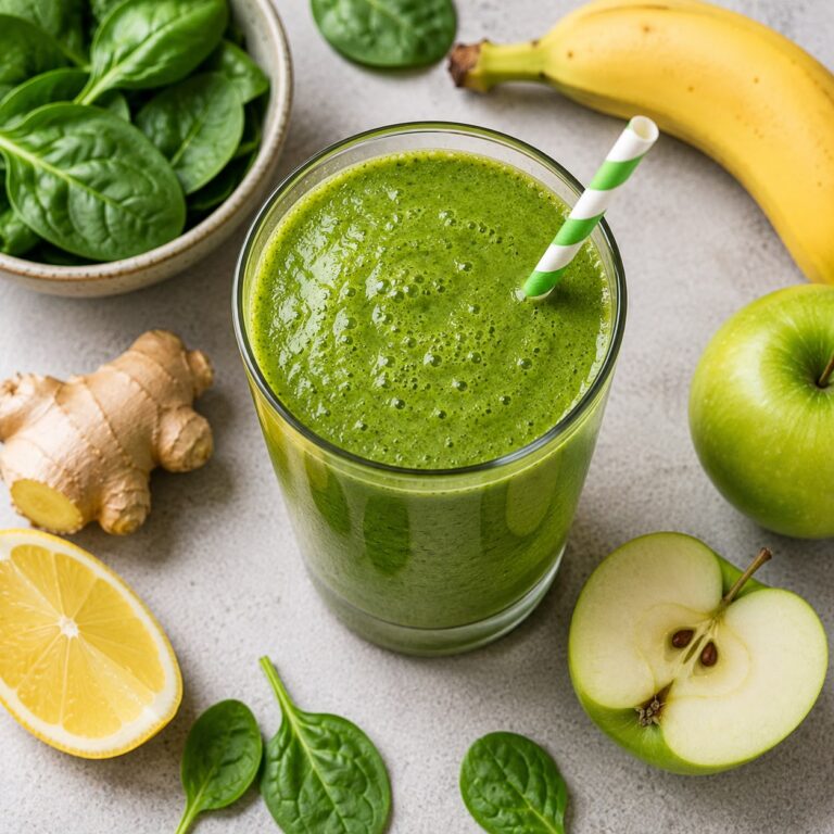 Weight loss green smoothie in a tall glass with vibrant green spinach, banana, and apple