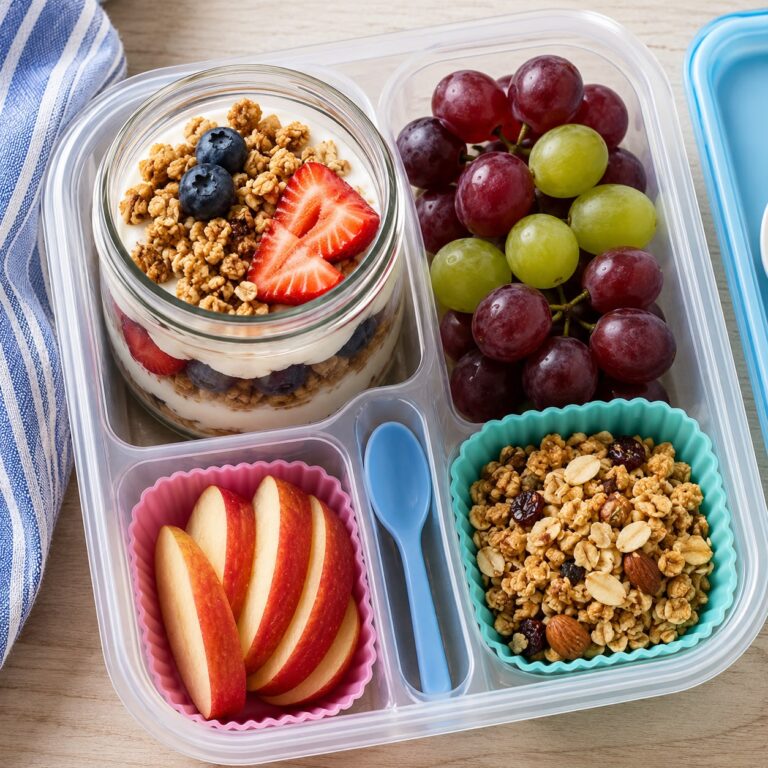 Yogurt parfait lunchbox with layers of vanilla yogurt, mixed berries, and granola in a clear jar with apple slices