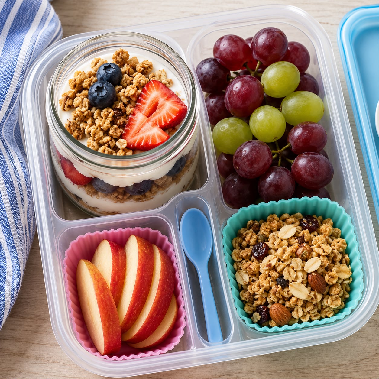 Yogurt parfait lunchbox with layers of vanilla yogurt, mixed berries, and granola in a clear jar with apple slices