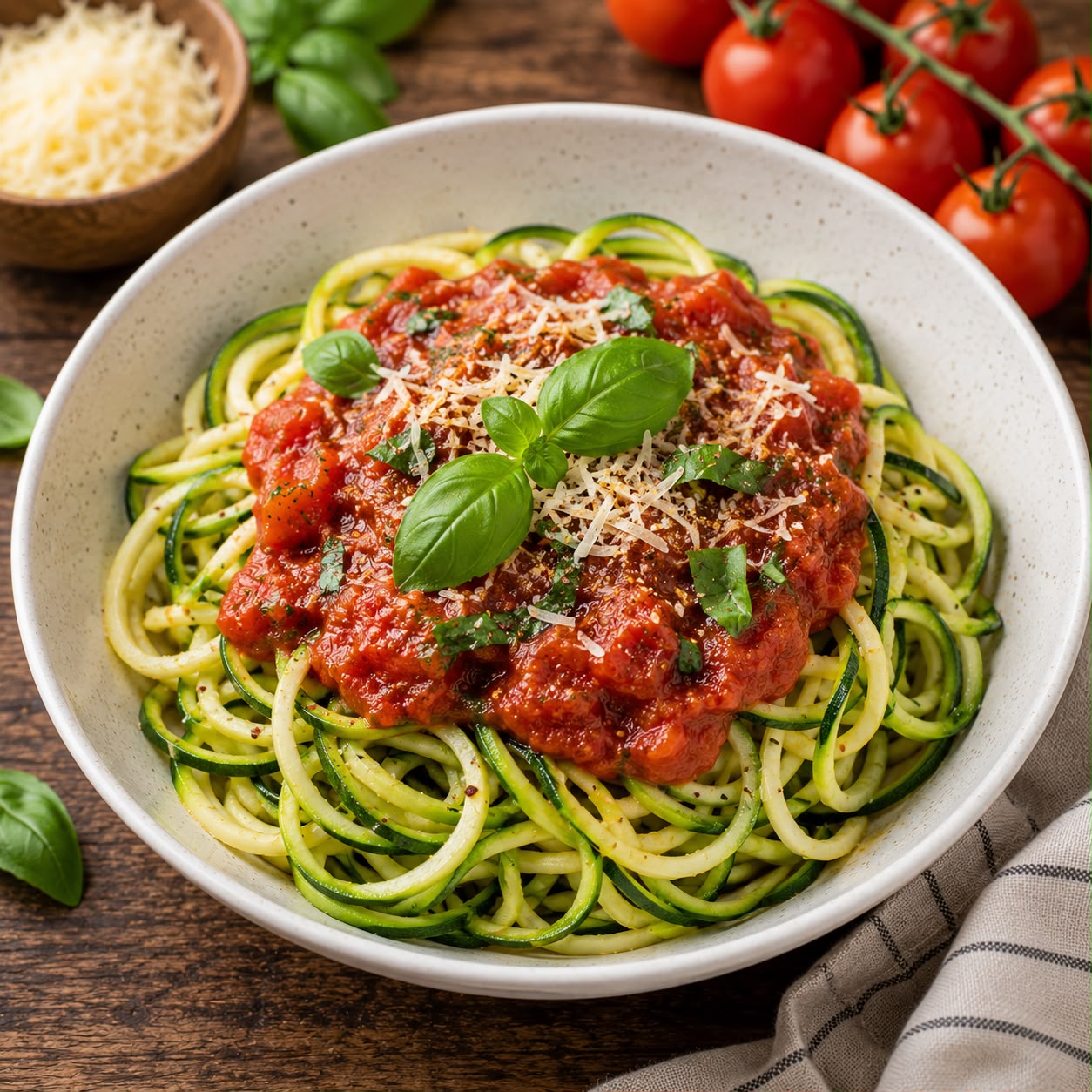 Fresh zucchini noodles twirled in a white ceramic bowl with rich tomato marinara sauce, fresh basil leaves, and grated Parmesan cheese